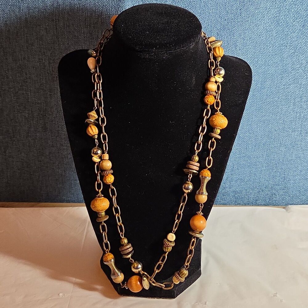 Earth Tone Bead Coppertone Chain Necklace Boho 70s Vibe - Picture 2 of 16